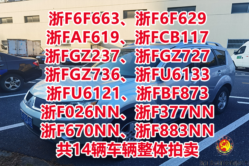 浙F6F663、浙F6F629、浙FAF619、浙FCB117、浙FGZ237、浙FGZ727、浙FGZ736、浙FU6133、浙FU6121、浙FBF873、浙F026NN、浙F377NN、浙F670NN、浙F883NN共14辆车辆整体拍卖